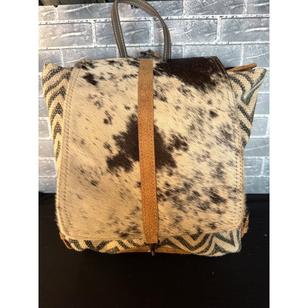 Myra Bag Cowhide Canvas Chevron Backpack Boho Western Hair On Hide Rucksack